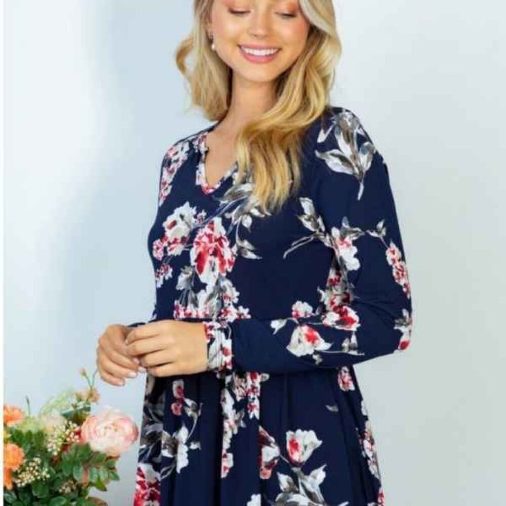 Women's Floral & Navy Peplum Long Sleeve Top